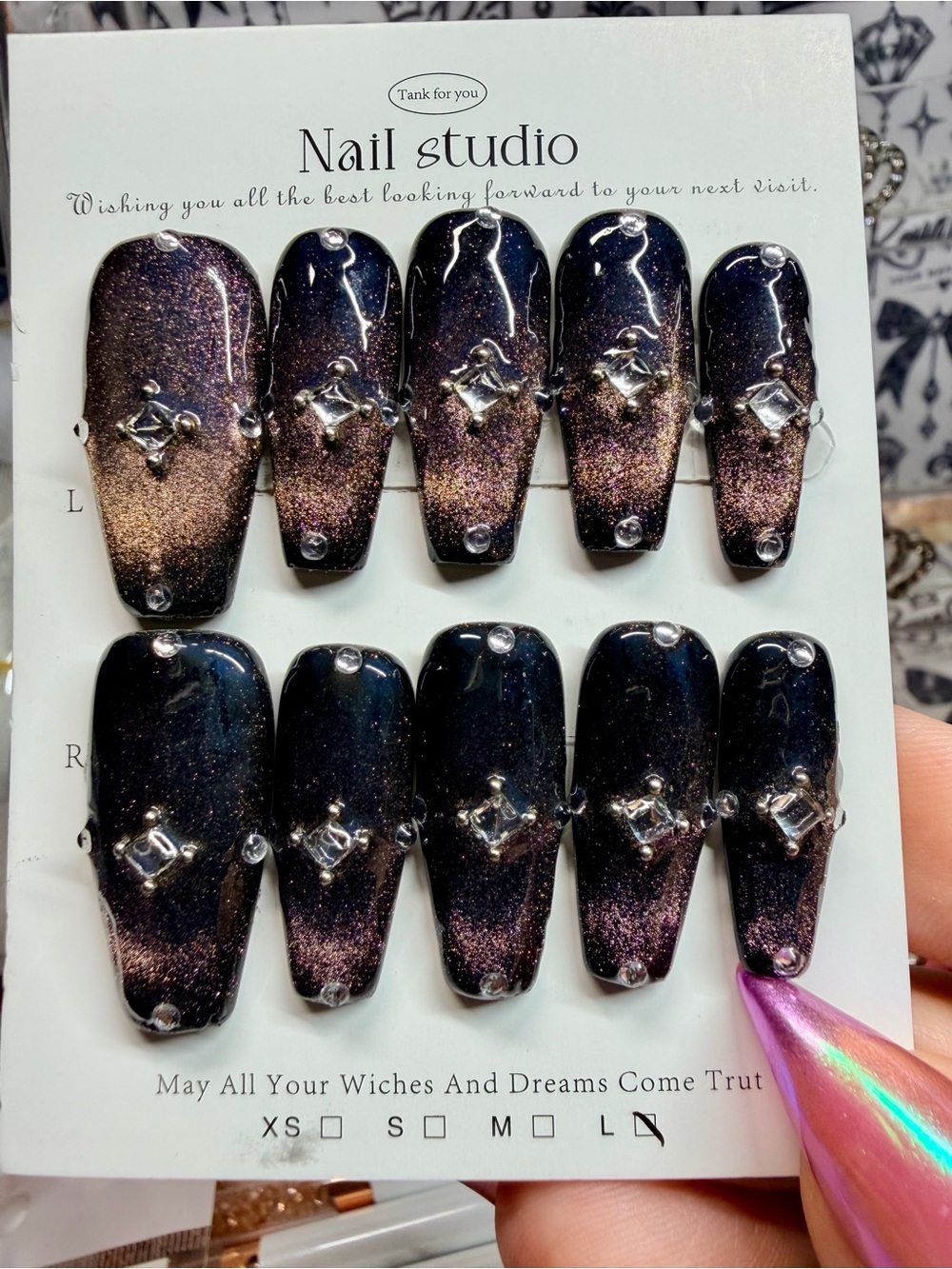 Nail Studio Black to Purple Ombre Press-On Nails with Rhinestones